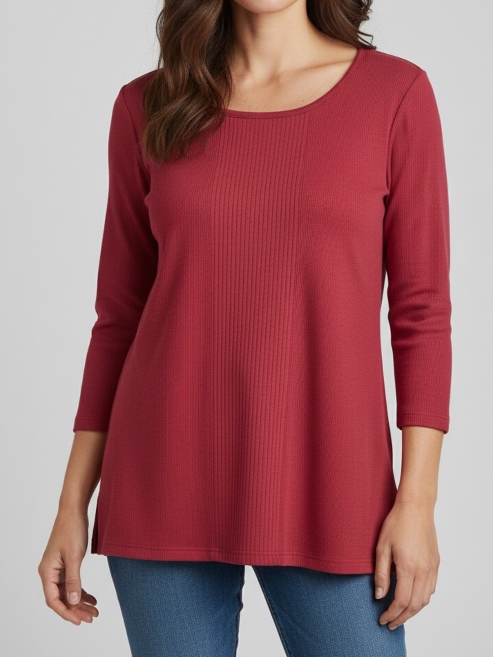 Hasting & Smith Size 1X Rib-Front Scoop Neck Long Sleeve Top Red